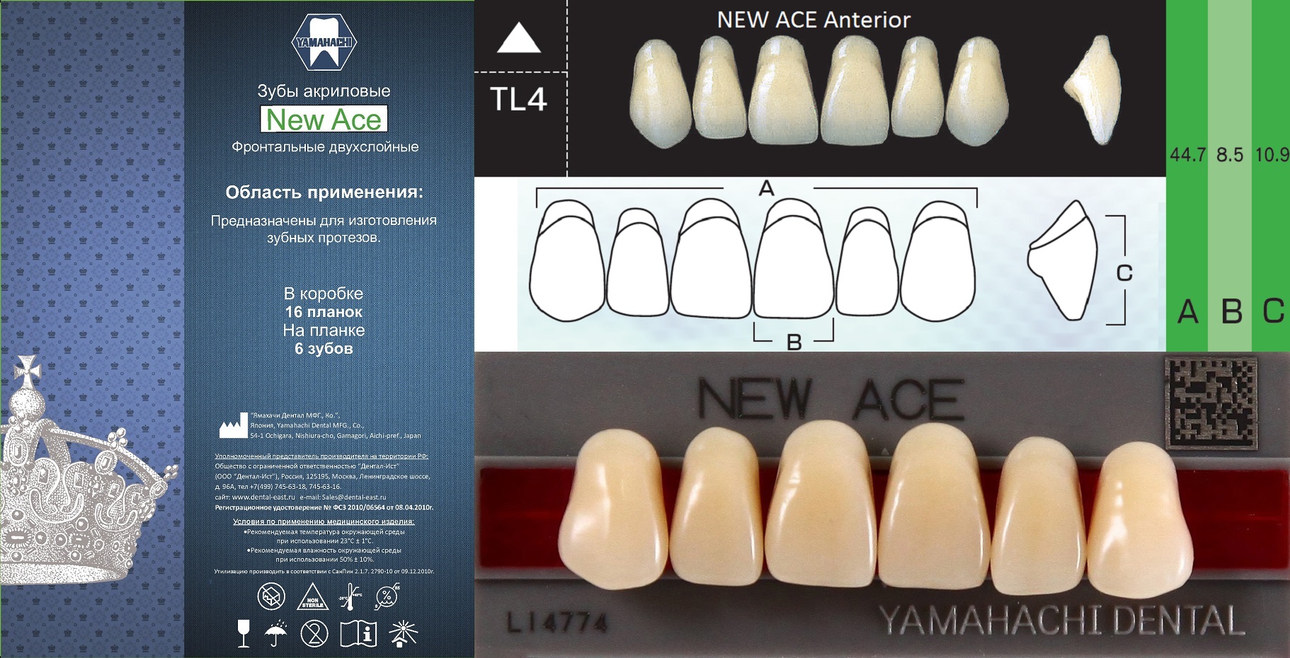 New Ace Anterior - фронтальные верхние, C4 TL4 - зубы акриловые двухслойные  6 шт. от магазина Stom-Prof